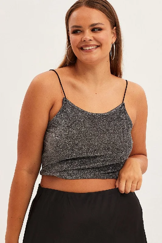 Black Crop Top Scoop Neck Strappy Lurex Hooded Caped Shawl Collar