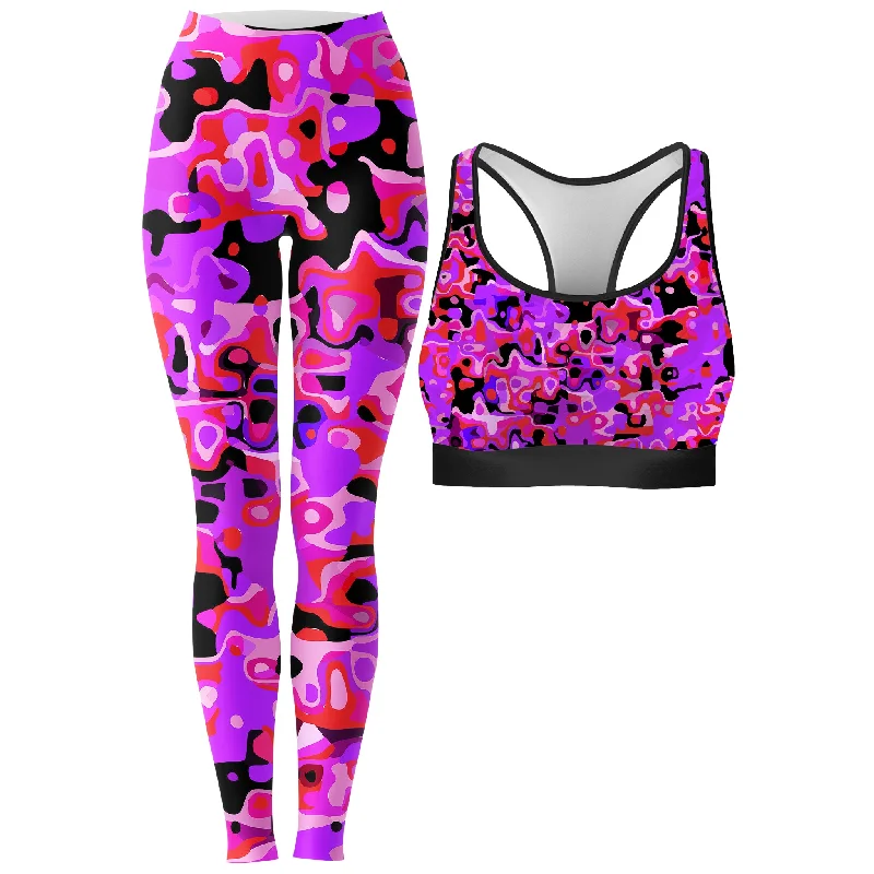 Purple Red and Black Rave Camo Melt Rave Bra and Leggings Combo Stylish Lightweight Leggings