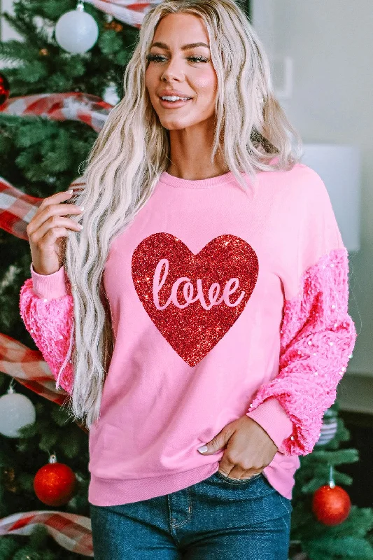 LOVE Heart Sequin Dropped Shoulder Sweatshirt Hoodie with Illustration Artistic Creative