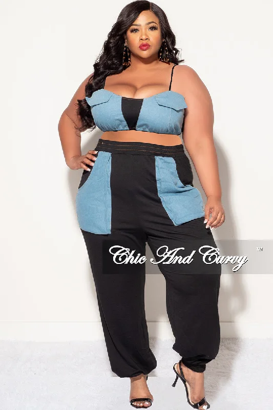 Final Sale Plus Size 2pc Spaghetti Strap Crop Top And Pants In Black & Faux Denim Mesh Blend Leather Blend Suede Blend Final Sale Plus Size 2pc Spaghetti Strap Crop Top And Pants In Black & Faux Denim Mesh Blend Leather Blend Suede Blend