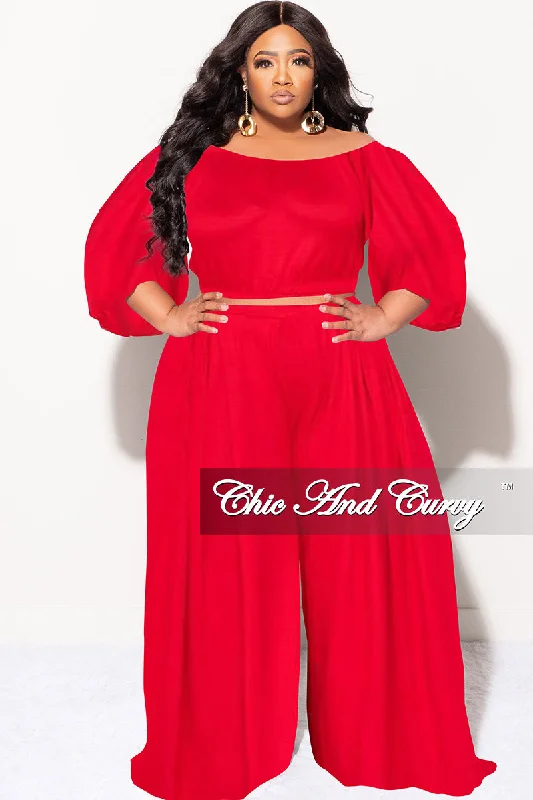 Final Sale Plus Size 2pc Puffy Sleeve Crop Top and Palazzo Pants Set in Red Satin Blend Silk Blend Wool Blend Final Sale Plus Size 2pc Puffy Sleeve Crop Top and Palazzo Pants Set in Red Satin Blend Silk Blend Wool Blend