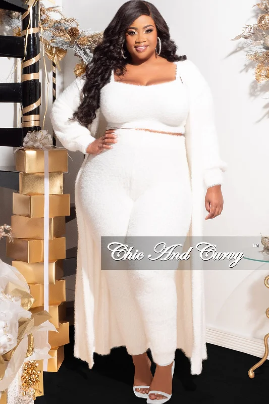 Final Sale Plus Size 3pc Fuzzy (Duster, Sleeveless Crop Top & Pants) Set in Ivory Collared Crew Neck Turtle Neck
