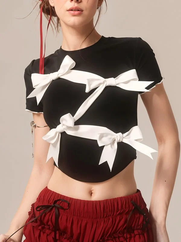 Dark Coquette Crop Top with White Ribbon Details Mesh Canvas Denim