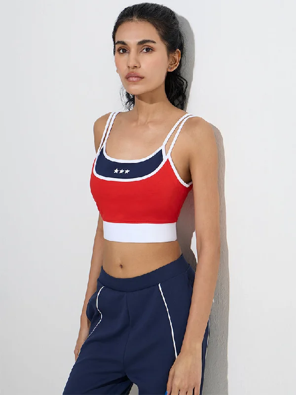 Studiofit Red Cotton-Blend Crop Top Solid Color Striped Floral