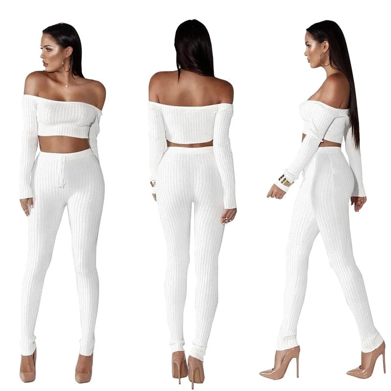 Long Sleeved Crop Top & Pant Set Spandex Blend Rayon Blend Denim Blend