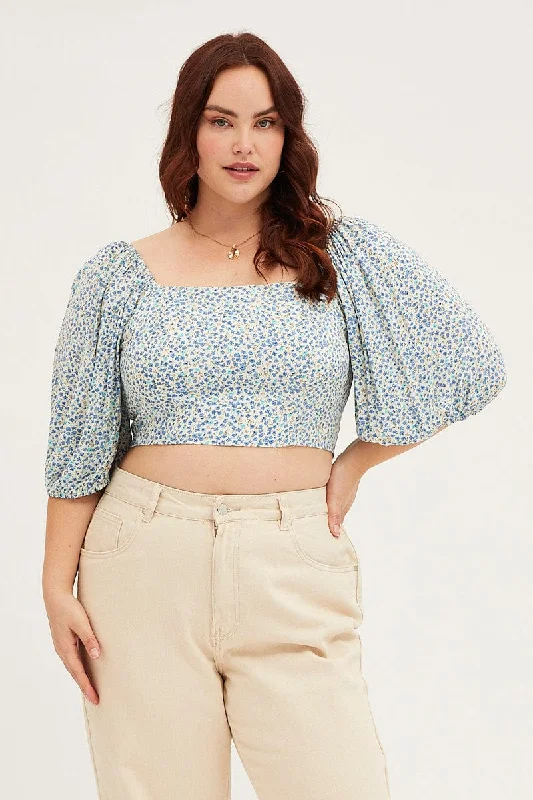 Ditsy Print Crop Top Short Sleeve Real Fur Shearling Chenille