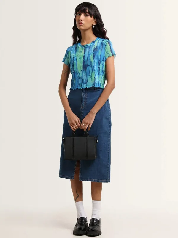 Nuon Blue Abstract Printed Crop Top Satin Blend Silk Blend Wool Blend