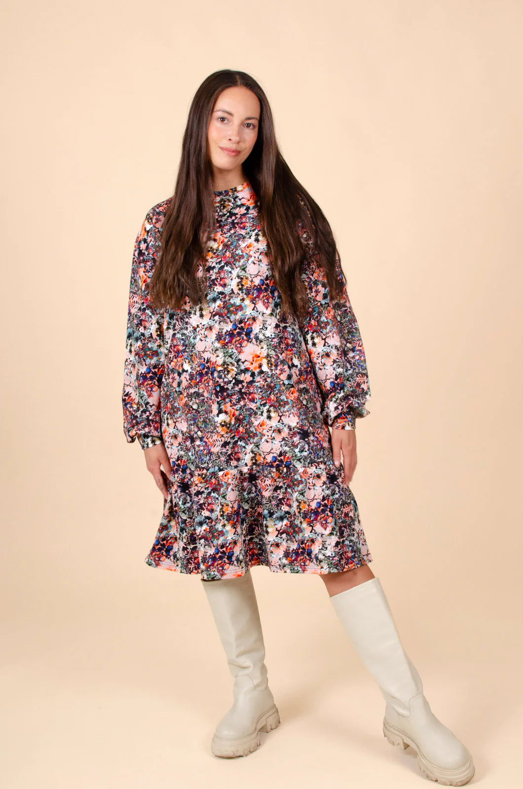 Ruffle Sweatshirt Dress Blooming Forest Hoodie with Longline Fit Extended Stylish