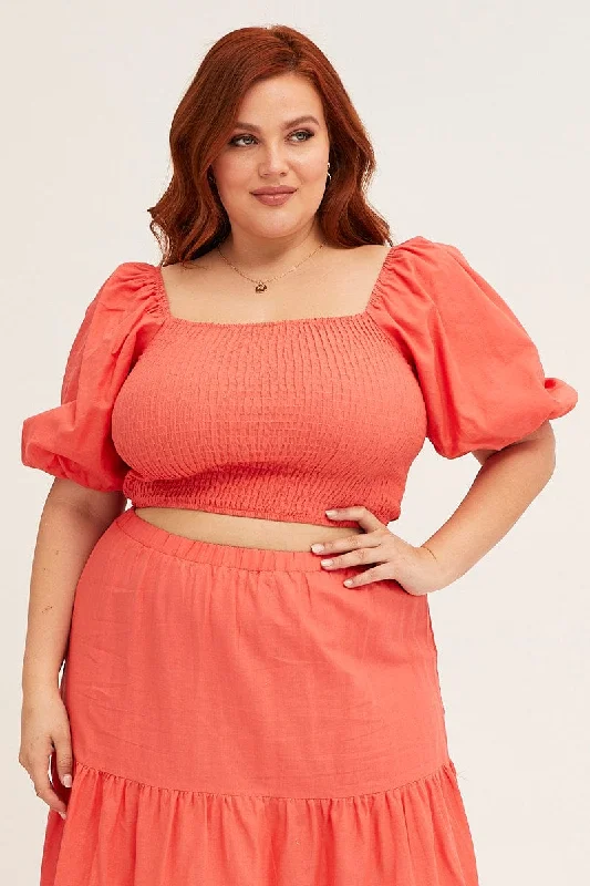 Orange Orange Linen Blend Shirred Semi Crop Top Front Pockets Side Pockets Patch Pockets