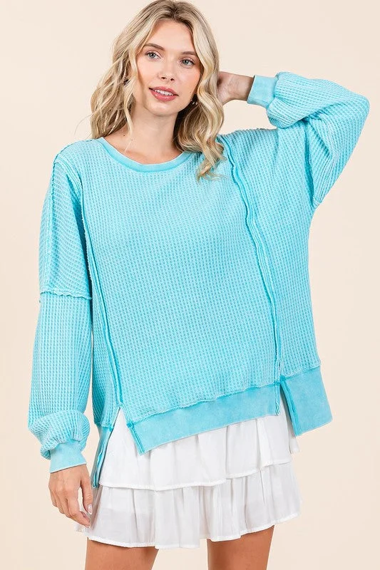 Hazel Blues® | Mittoshop Mineral Wash Waffle Long Sleeve Sweatshirt Hoodie with Color Block Contrast Stylish Hazel Blues® | Mittoshop Mineral Wash Waffle Long Sleeve Sweatshirt Hoodie with Color Block Contrast Stylish