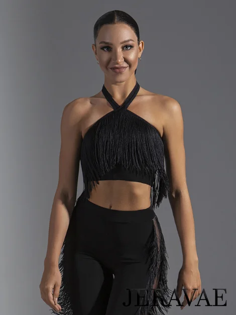 Crop Top Latin Practice Top with Fringe Accents and Halter Neckline PRA 597 Chenille Brocade Lace Crop Top Latin Practice Top with Fringe Accents and Halter Neckline PRA 597 Chenille Brocade Lace
