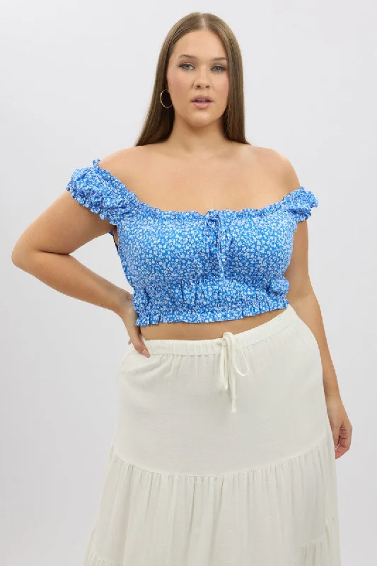 Blue Ditsy Crop Top Short Sleeve Ruched Bust Seamless Knitted Crochet