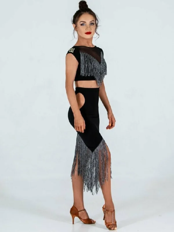 Sirius Practice Dance Wear WISK Women's Short Sleeve Black Mesh Crop Top with Gold or Silver Tinsel Shimmer Fringe PRA 874 in Stock Cashmere Blend Cotton Blend Poly Blend
