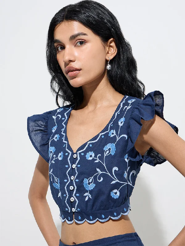 Bombay Paisley Navy Embroidered Cotton-Blend Crop Top Cozy Warm Stylish