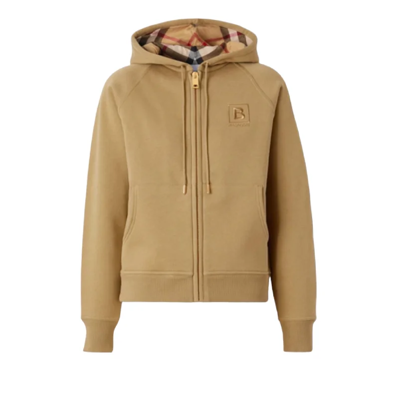 Burberry Letter Graphic Check Trim Cotton-Blend Zip Hoodie, Honey Hoodie with Drawstring Waist Adjustable Fitted Burberry Letter Graphic Check Trim Cotton-Blend Zip Hoodie, Honey Hoodie with Drawstring Waist Adjustable Fitted