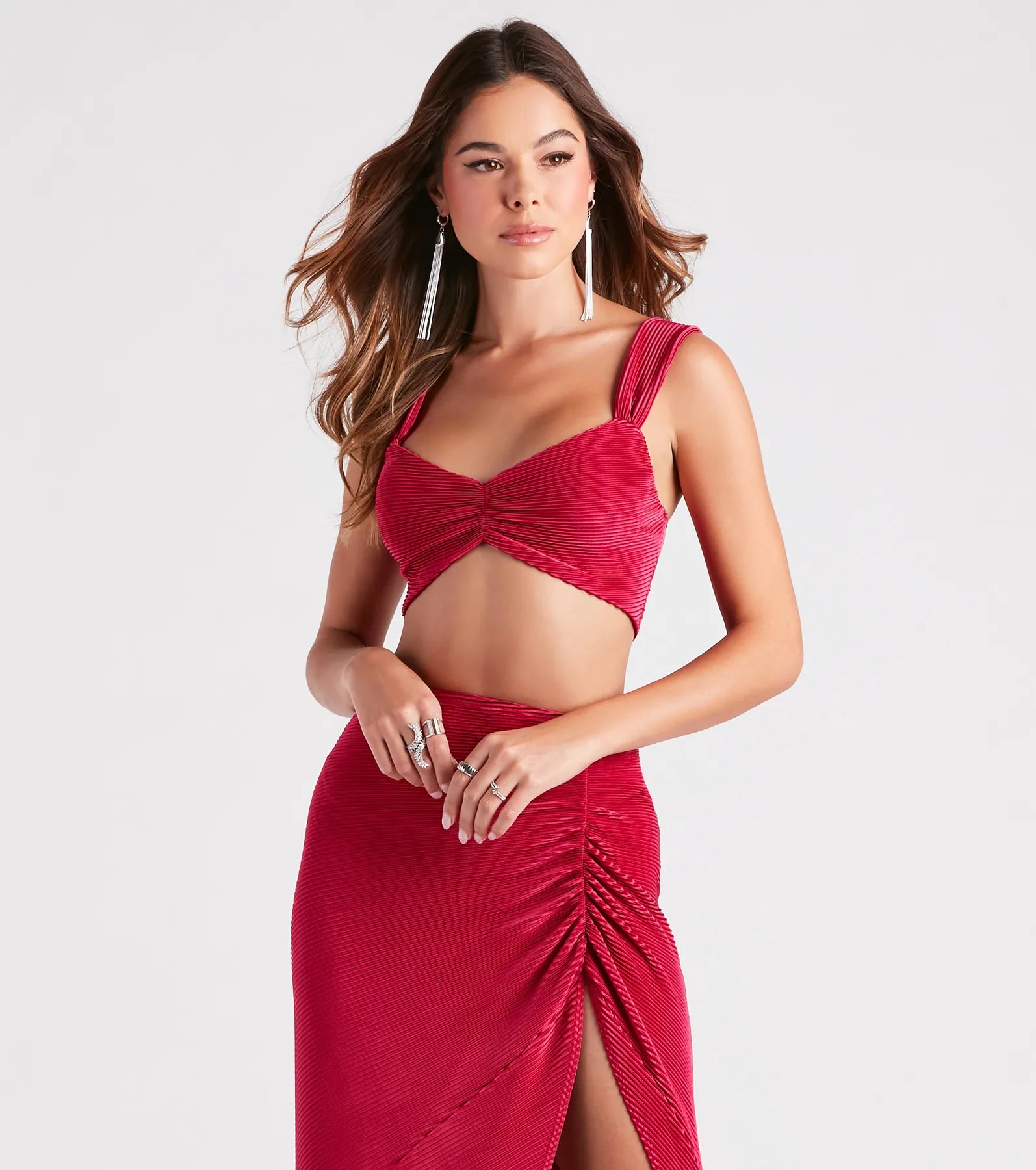 Always Impressed Satin Pleated Crop Top Chenille Blend Fleece Blend Nylon Blend