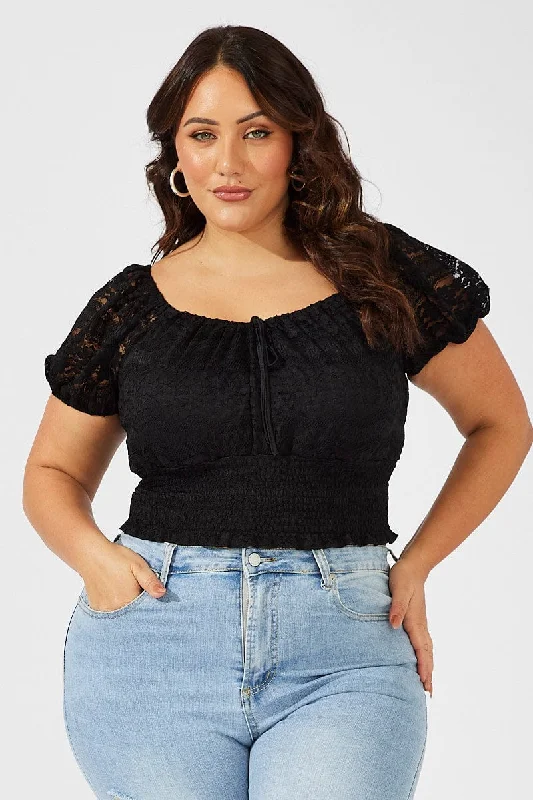 Black Crop Top Short Sleeve Shirred Waist Lace Mesh Blend Leather Blend Suede Blend