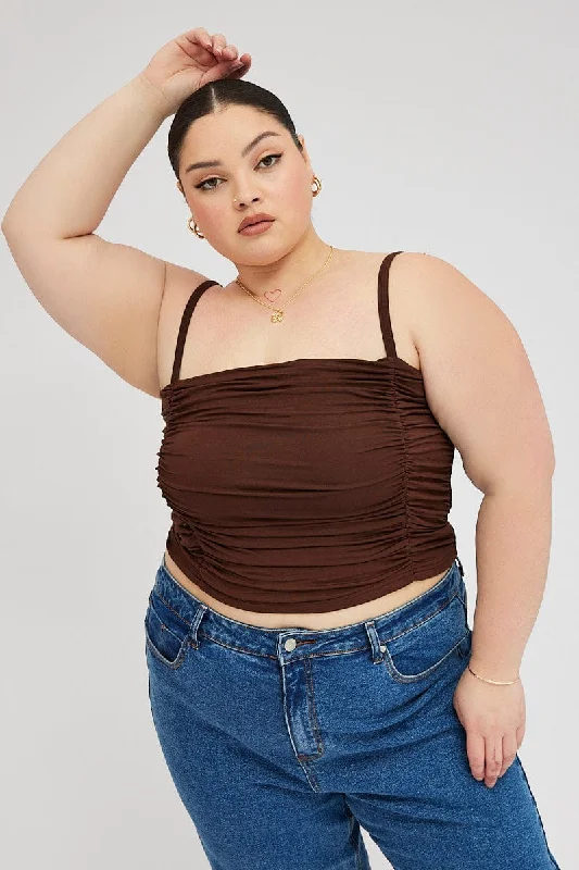 Brown Ruched Singlet Crop Top Fleece Nylon Spandex