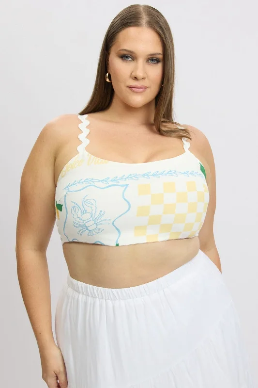 Yellow Abstract Crop Top Sleeveless Ric Rac Hooded Caped Shawl Collar
