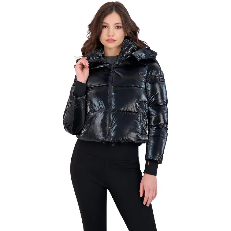 BCBGMAXAZRIA Women’s Metallic Quilted Cropped Puffer Coat Appliqued Beaded Sequined