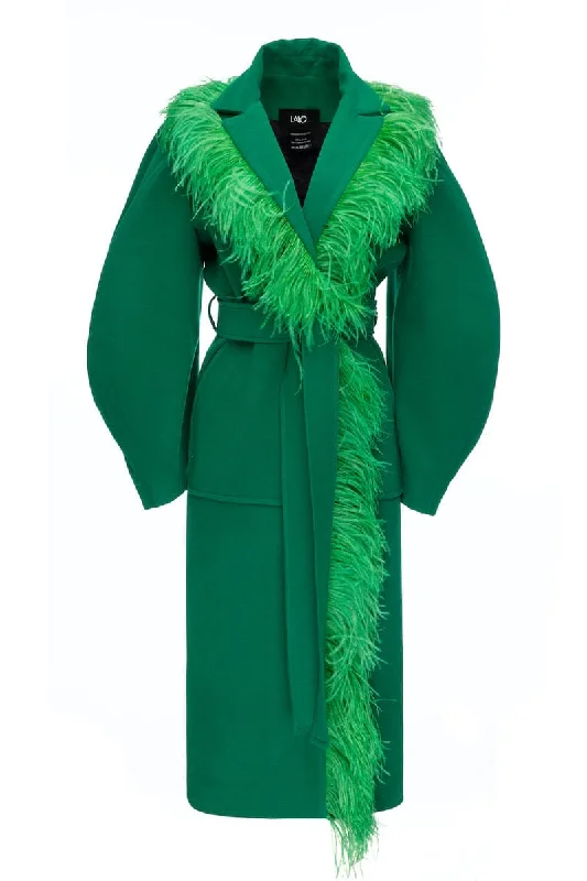 FEATHER-DETAILED GREEN BELTED WOOL COAT Crew Neck V-Neck Boat Neck