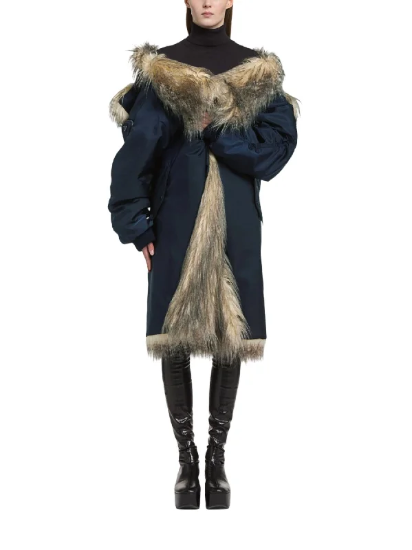 Re-Nylon Faux Fur-Trimmed Coat In Navy Quilted Jacket Anorak Windbreaker