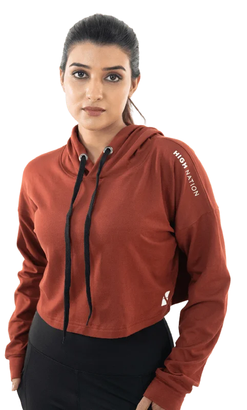 Woody Brown Cozy Cropped Hoodie Hoodie with Button Placket Classic Preppy