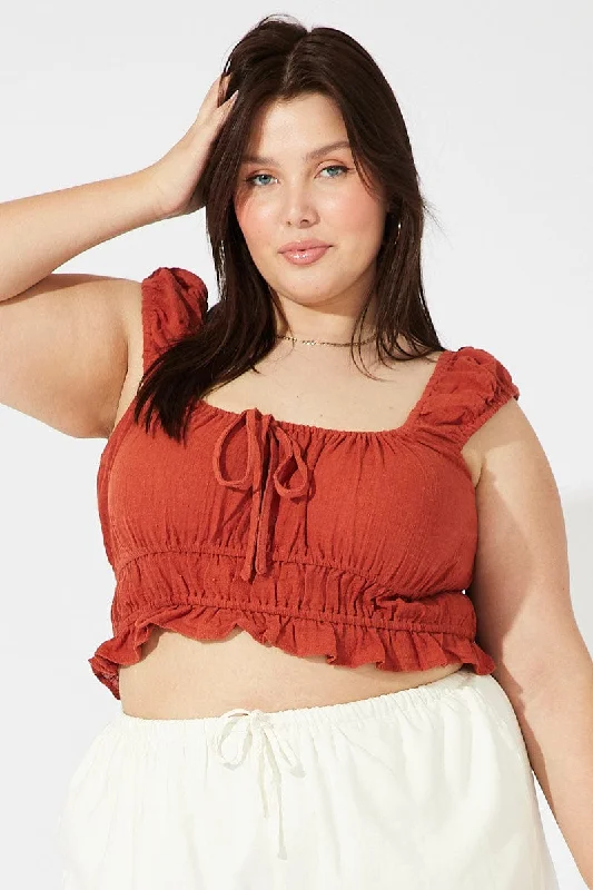 Brown Crop Top Short Sleeve Ruched Wool Fabric Cashmere Fabric Tweed Fabric