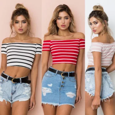 Off Shoulder Striped Crop Top Elegant Classic Vintage
