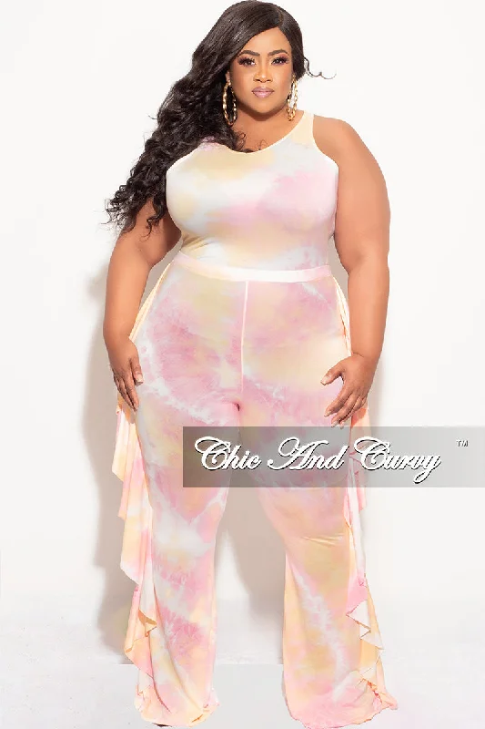 Final Sale Plus Size 2pc Sleeveless Crop Top and Ruffle Trim Pants in Pink and Yellow Tie Dye Print Boxy Fit Fitted Loose Final Sale Plus Size 2pc Sleeveless Crop Top and Ruffle Trim Pants in Pink and Yellow Tie Dye Print Boxy Fit Fitted Loose
