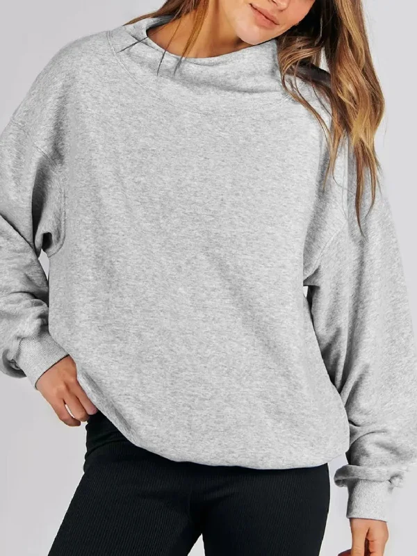Hazel Blues® | Mock Neck Drop Shoulder Long Sleeve Sweatshirt Hoodie with Hem Lace Feminine Delicate Hazel Blues® | Mock Neck Drop Shoulder Long Sleeve Sweatshirt Hoodie with Hem Lace Feminine Delicate