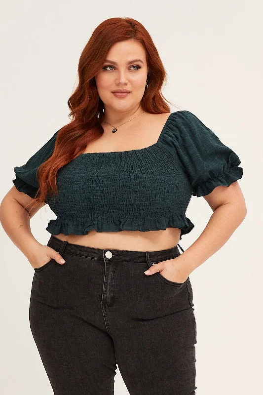 Green Short Sleeve Shirred Crop Top Embroidered Appliqued Beaded