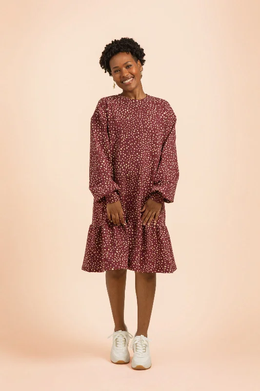 Ruffle Sweatshirt Dress Wild Dots Burgundy Hoodie with Cuffed Sleeves Snug Secure