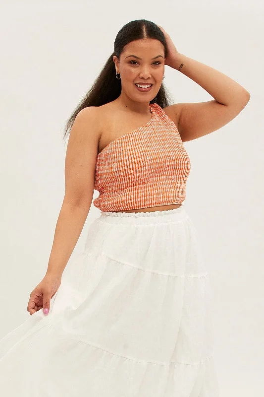Orange Check Crop Top One Shoulder Shirred Anti-Shrink Durable Soft