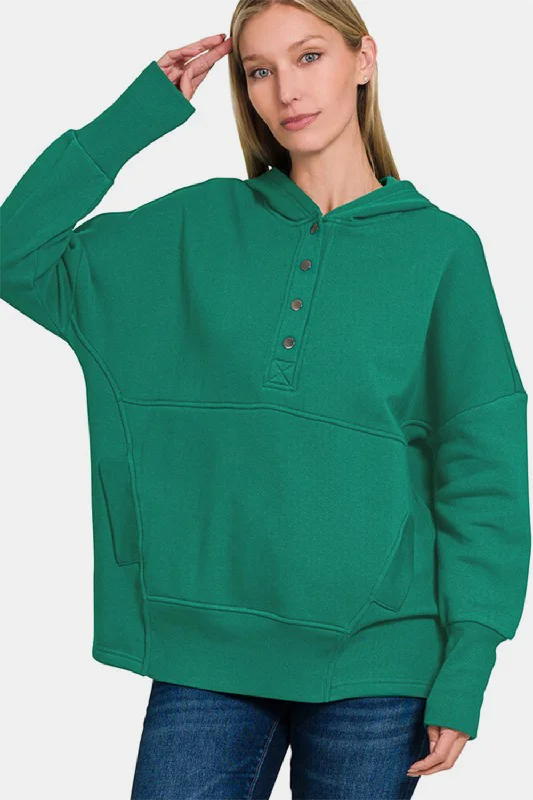 Hazel Blues® | Zenana Half Snap Long Sleeve Hoodie with Kangaroo Pocket Hoodie with Tied Waist Feminine Flattering Hazel Blues® | Zenana Half Snap Long Sleeve Hoodie with Kangaroo Pocket Hoodie with Tied Waist Feminine Flattering