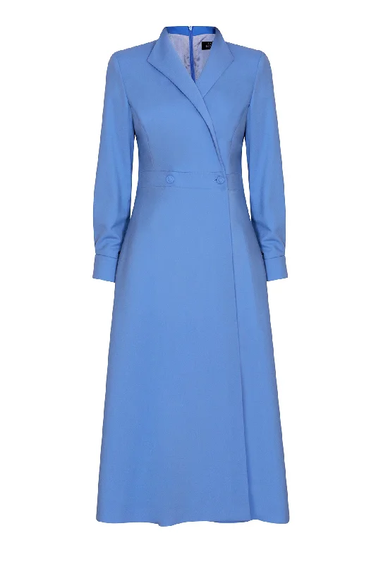 Double Breasted, Long Sleeved Coat Dress with Buttons in China Blue Wool - Savannah Parka Anorak Hoodie