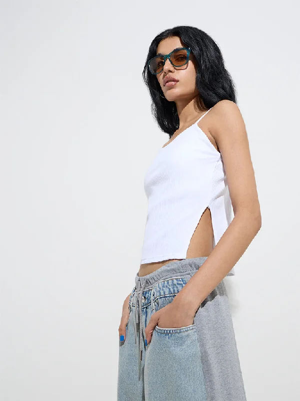 Nuon White Ribbed-Textured Cotton-Blend Crop Top Polka Dot Checkered Tartan
