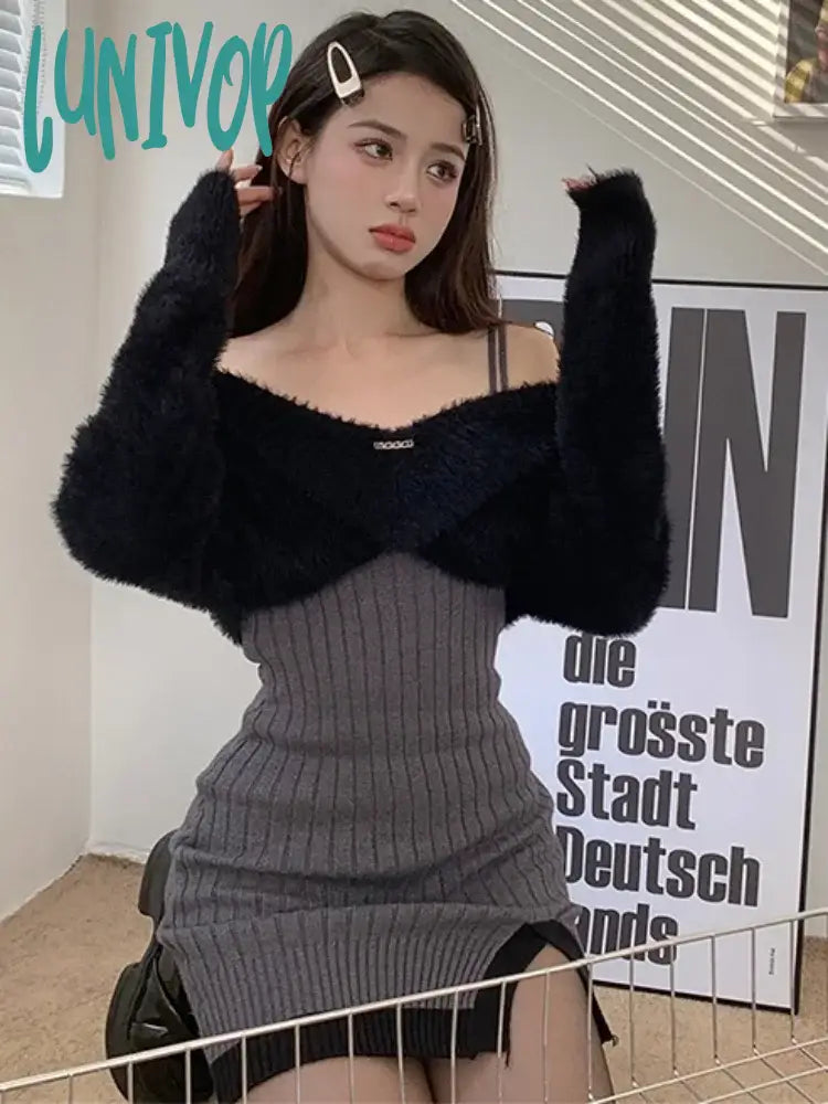 Lunivop 2024 Spring Y2k Two Peices Set Sexy Elegant Long Sleeve Sweater Pullovers + Women Knitted Split Mini Dresses Female Cute Vestido Alpaca Blend Soft
