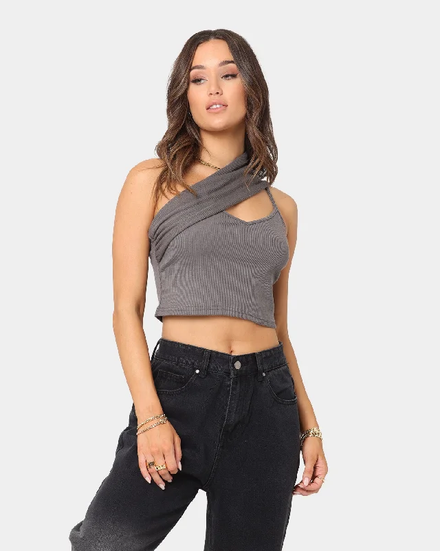 XXIII Women's Aisha Side Strap Crop Top Charcoal Jersey Fabric Tulle Fabric Batik Fabric XXIII Women's Aisha Side Strap Crop Top Charcoal Jersey Fabric Tulle Fabric Batik Fabric