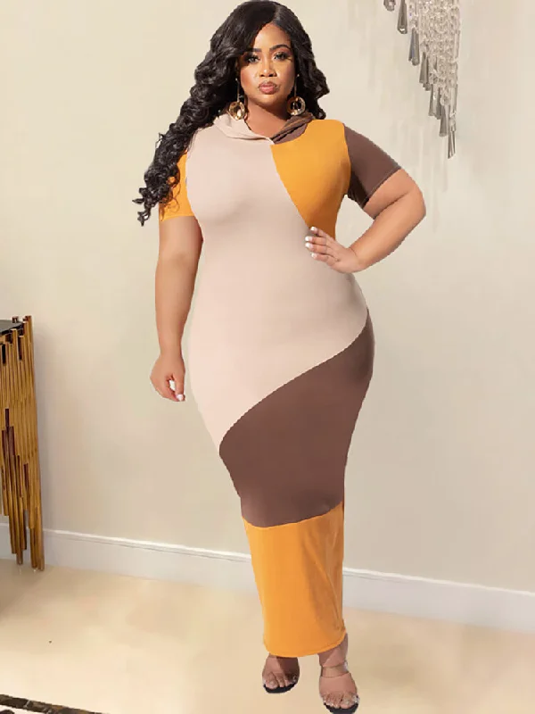 Short Sleeve Color Block Bodycon Hoodies Dress Hoodie with Lining Warm Insulated