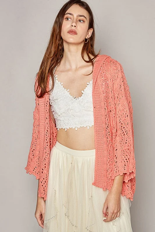 Hazel Blues® |  Open Weaving Long Sleeve Hoodie Sweater Cardigan in Coral Hoodie with High-Low Hem Asymmetrical Trendy