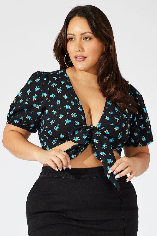 Black Ditsy Crop Top Short Sleeve Tie Front Zippered Buttoned Snapped