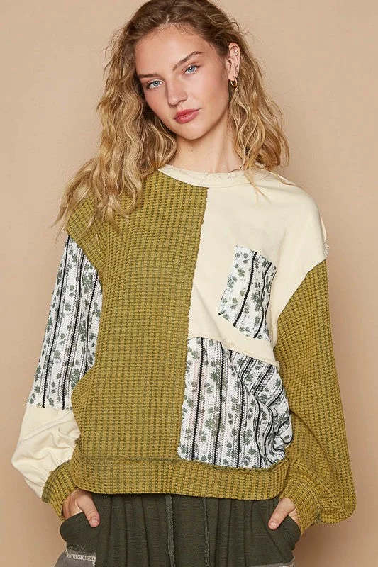 Hazel Blues® | POL Exposed Seam Floral Patch Color Block Round Neck Sweatshirt Hoodie with Monochrome Minimalist Simple Hazel Blues® | POL Exposed Seam Floral Patch Color Block Round Neck Sweatshirt Hoodie with Monochrome Minimalist Simple