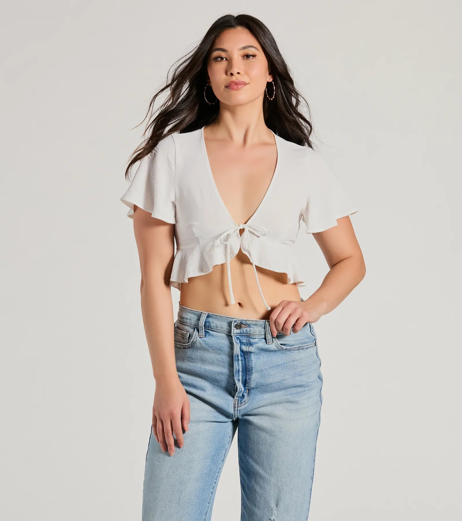 Sweeten Me Up Flutter Sleeve Tie Front Crop Top Zippered Buttoned Snapped