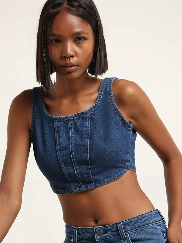 Nuon Dark Blue Cotton Corset Crop Top Cotton Fabric Linen Fabric Terry Fabric