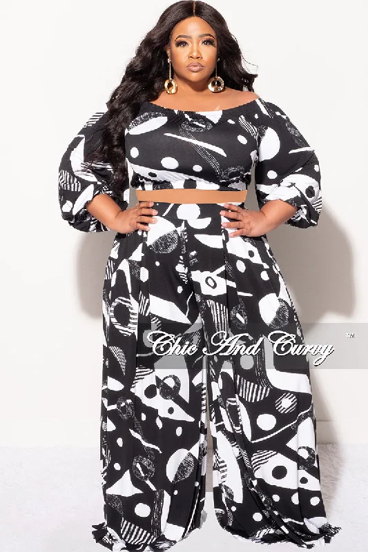 Final Sale Plus Size 2pc Puffy Sleeve Crop Top and Palazzo Pants Set in Black and White Spandex Blend Rayon Blend Denim Blend Final Sale Plus Size 2pc Puffy Sleeve Crop Top and Palazzo Pants Set in Black and White Spandex Blend Rayon Blend Denim Blend