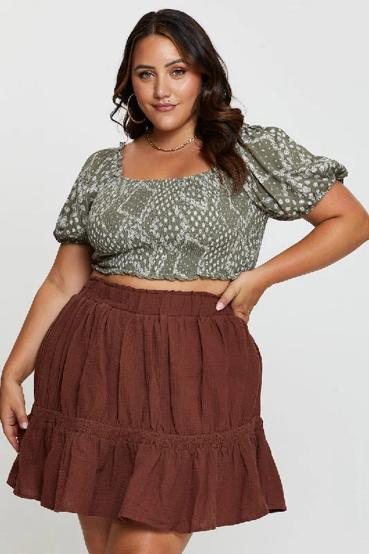Boho Print Crop Top Short Sleeve Chenille Blend Fleece Blend Nylon Blend