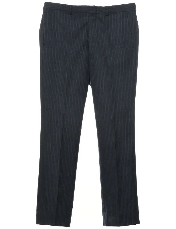 Pinstriped Navy Trousers - W32 L30 Wide Leg Loose Fit Mid Waist