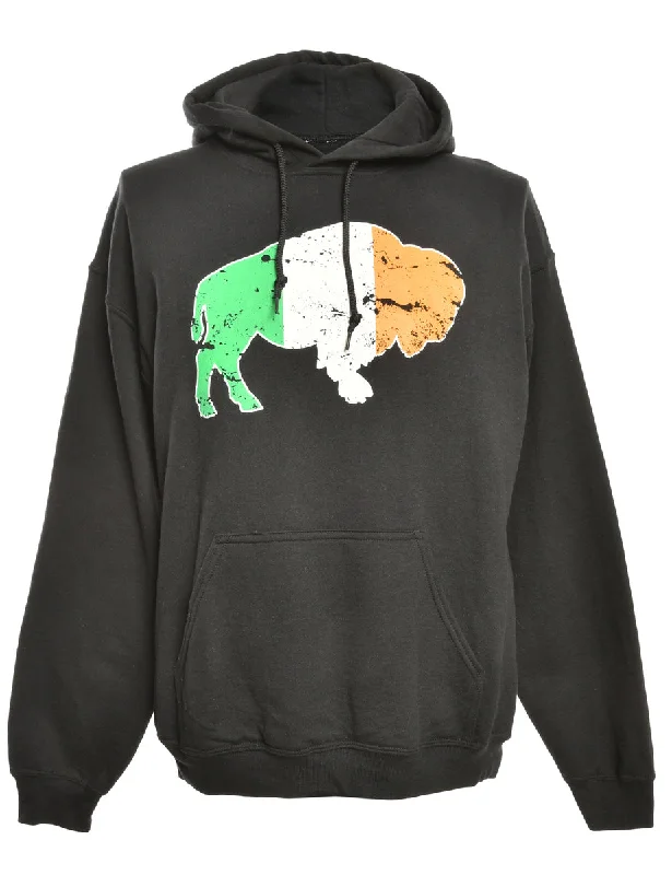 Black Printed Hoodie - M Hoodie with Rolled Sleeves Casual Relaxed