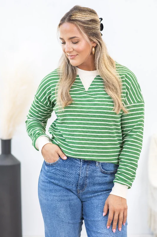 Green Crewneck Stripe Pullover Knit Top Slit Sleeve Stylish